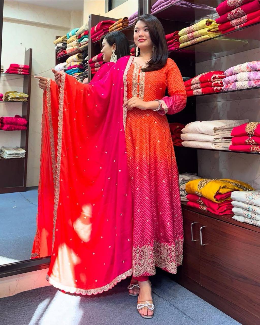 Orange Designer Kurta Pent And Dupatta Set