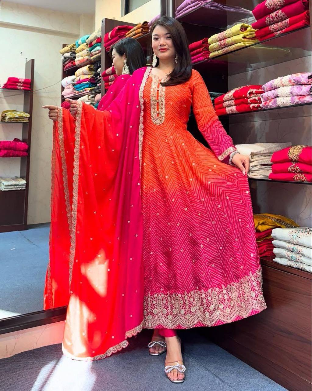 Orange Designer Kurta Pent And Dupatta Set