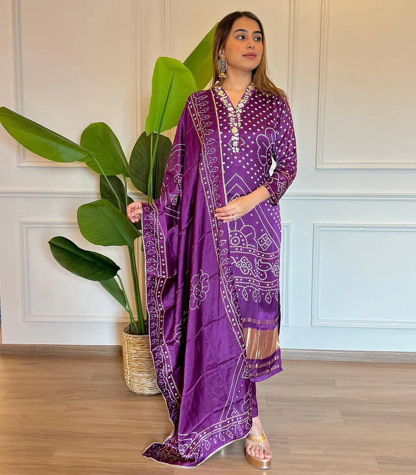 Purple  Bandhani Print Embroidered Suit Set