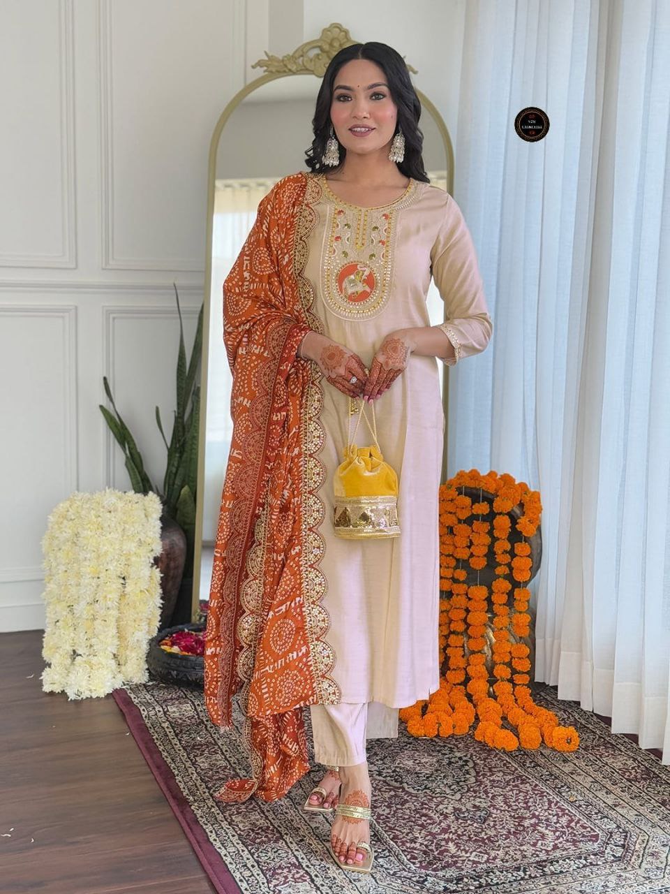 Embroidered Heavy Roman Kurta Pant Set with Chinon Dupatta