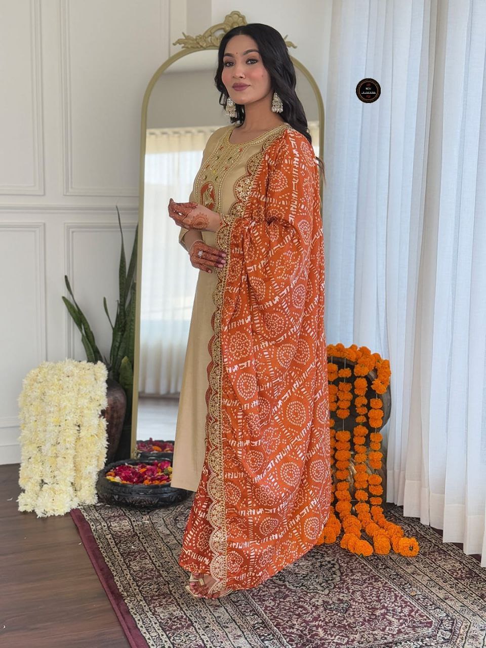 Embroidered Heavy Roman Kurta Pant Set with Chinon Dupatta