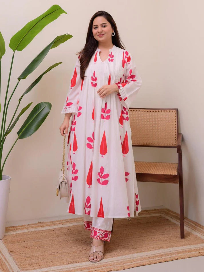 Cotton Red Printed Kurta Sets
