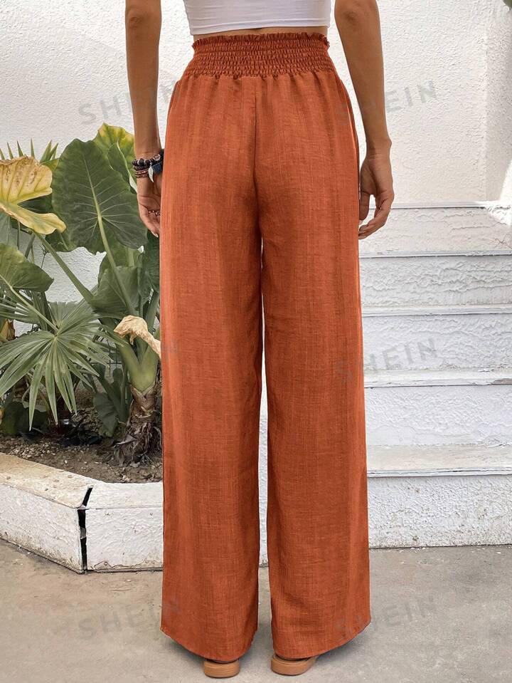 Women Solid Color Wide-Leg High Waist Straight Pants