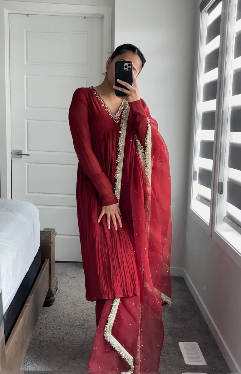 Red Mul Chanderi Anarkali Suit Set