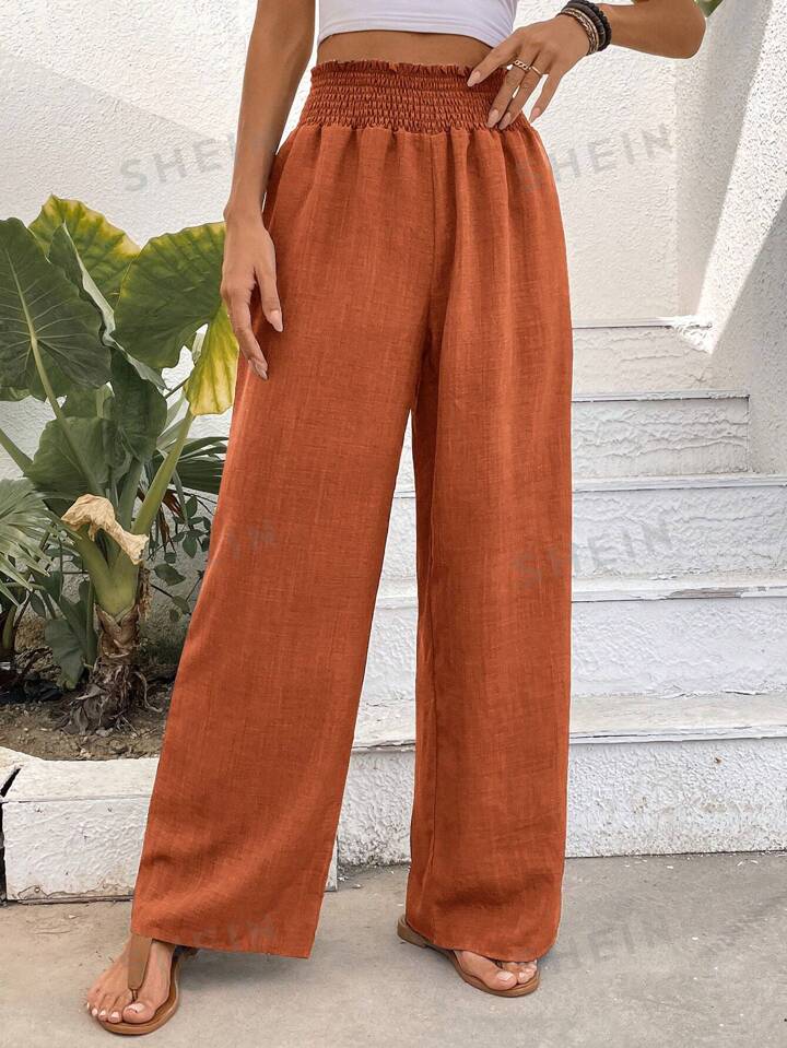 Women Solid Color Wide-Leg High Waist Straight Pants