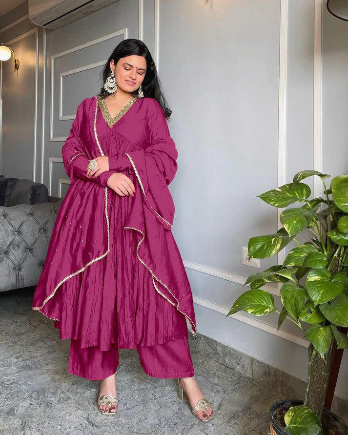 Purple Mul Chanderi Anarkali Suit Set