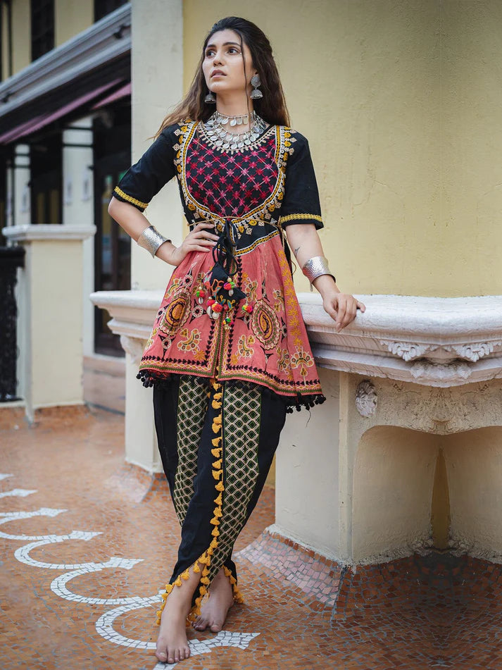 Black maharani yoke embroidered colorful kedia with black tulip pant