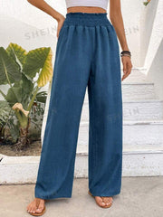 Women Solid Color Wide-Leg High Waist Straight Pants