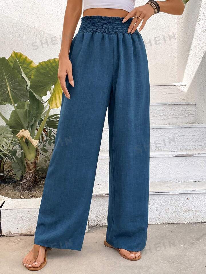 Women Solid Color Wide-Leg High Waist Straight Pants