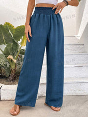 Women Solid Color Wide-Leg High Waist Straight Pants