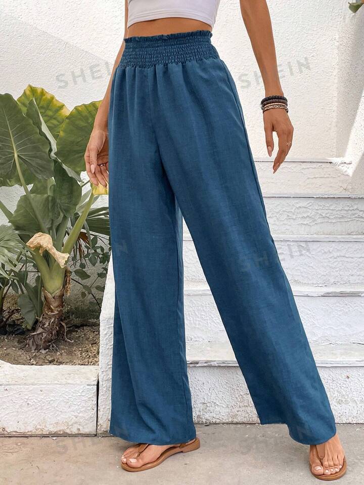 Women Solid Color Wide-Leg High Waist Straight Pants