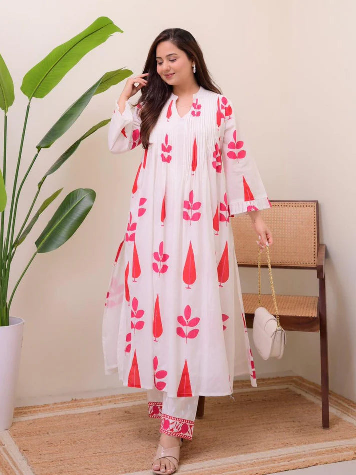 Cotton Red Printed Kurta Sets