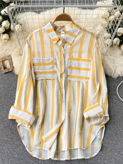 Women's Stripe Print Button Up Long Sleeve Turn Down Collar Top