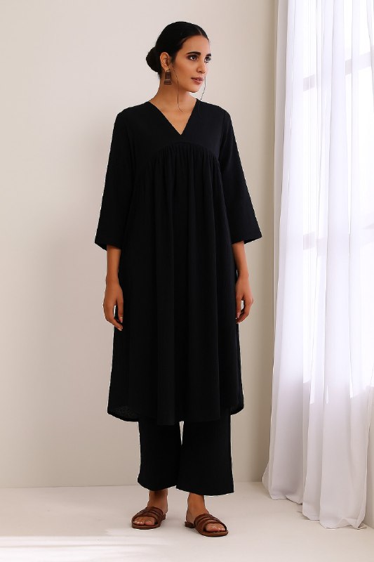 Black Cotton Plain Kurta Pant Set