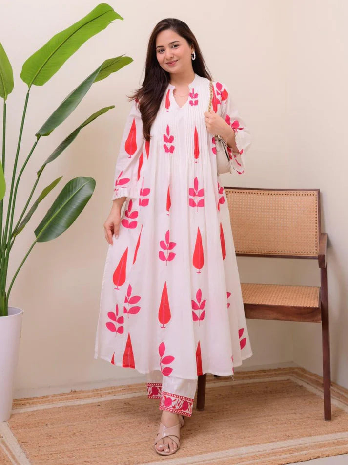 Cotton Red Printed Kurta Sets