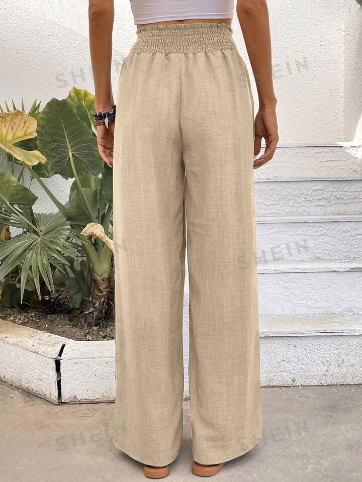 Women Solid Color Wide-Leg High Waist Straight Pants