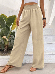 Women Solid Color Wide-Leg High Waist Straight Pants