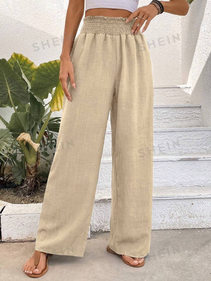 Women Solid Color Wide-Leg High Waist Straight Pants