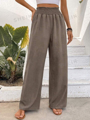 Women Solid Color Wide-Leg High Waist Straight Pants