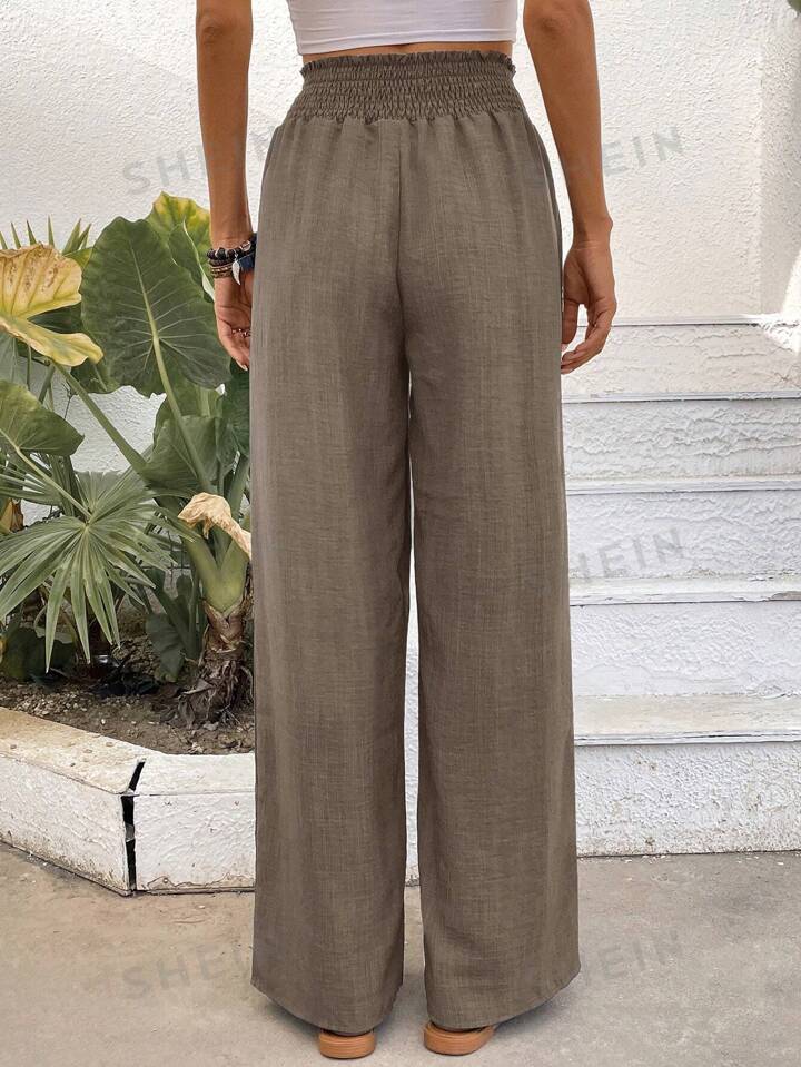 Women Solid Color Wide-Leg High Waist Straight Pants