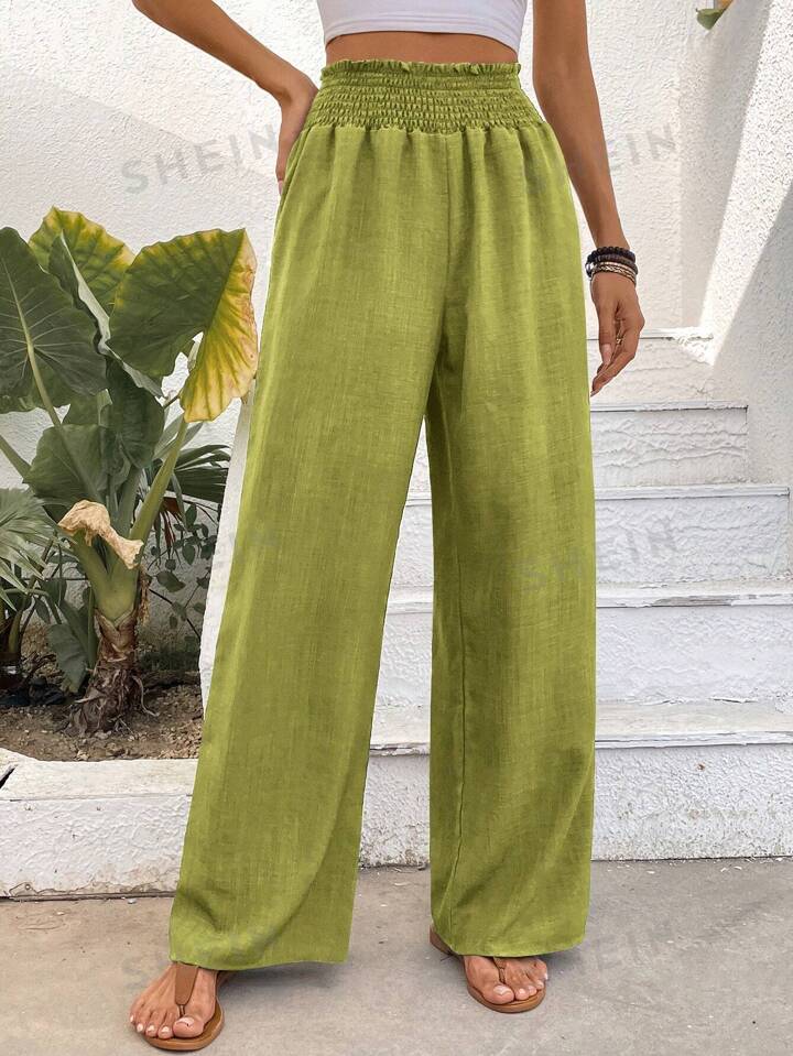Women Solid Color Wide-Leg High Waist Straight Pants