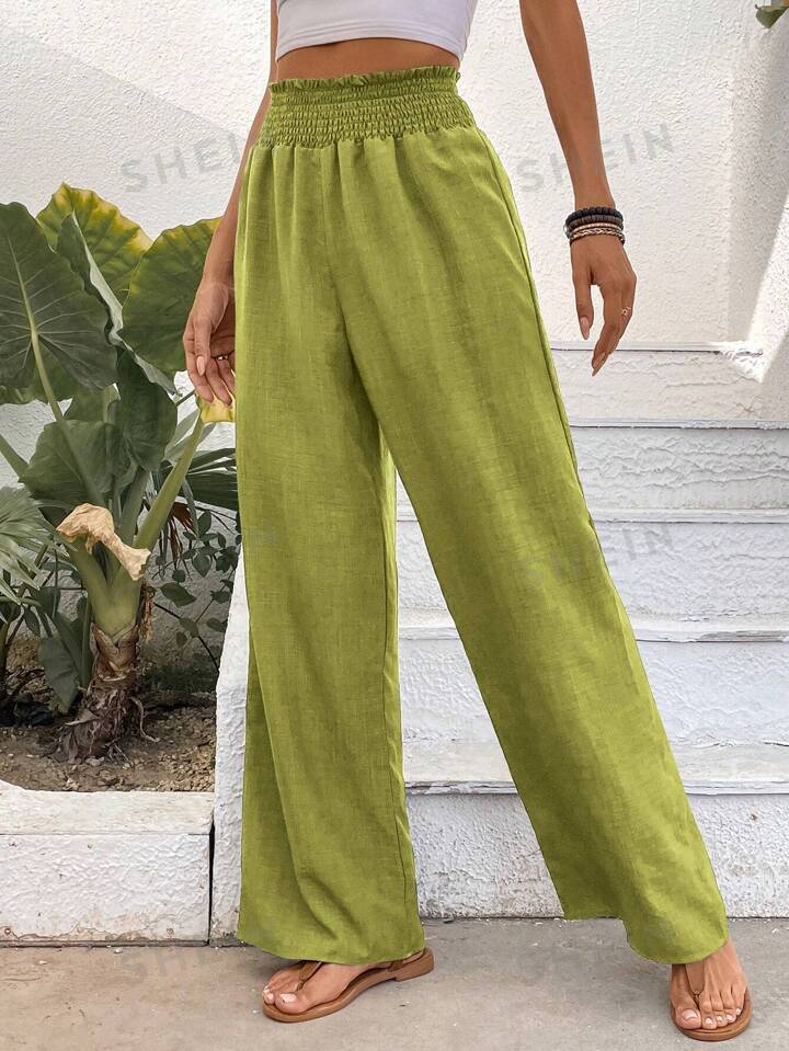 Women Solid Color Wide-Leg High Waist Straight Pants
