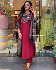 Maroon Cotton Suit Set With Adda Work, Border Sleeves & Mulmul Dupatta