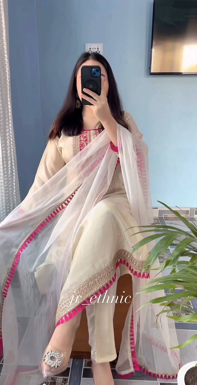 Cream Pure Silk Embroidered Suit Set