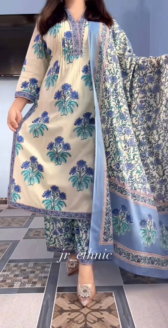 Cream Pure Cotton Printed Suit Set