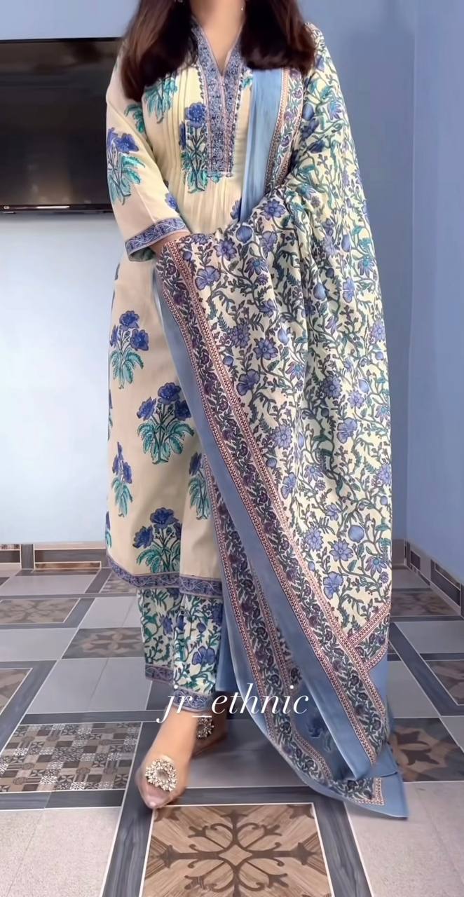 Cream Pure Cotton Printed Suit Set