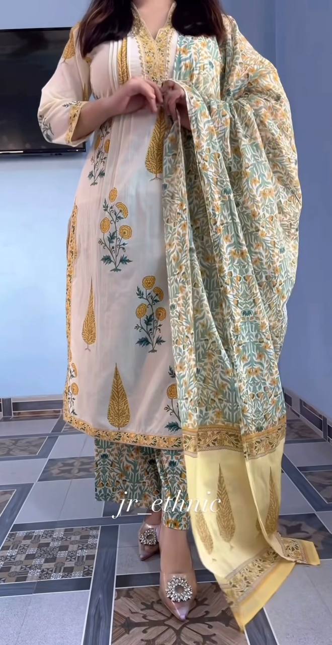 Yellow Pure Cotton Printed Suit Set