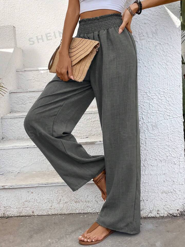 Women Solid Color Wide-Leg High Waist Straight Pants