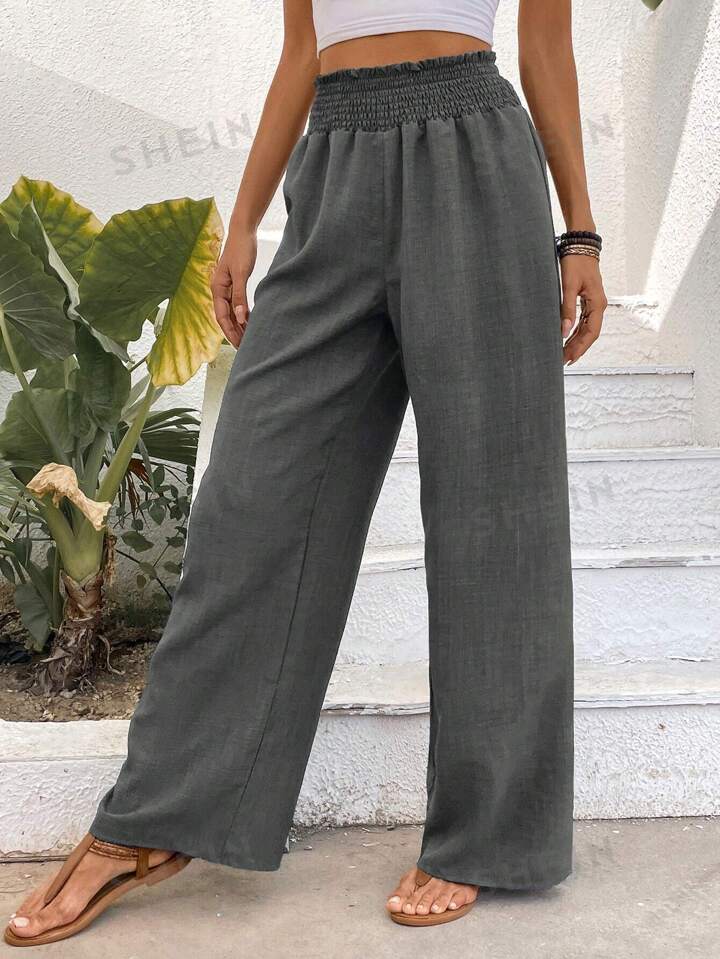 Women Solid Color Wide-Leg High Waist Straight Pants