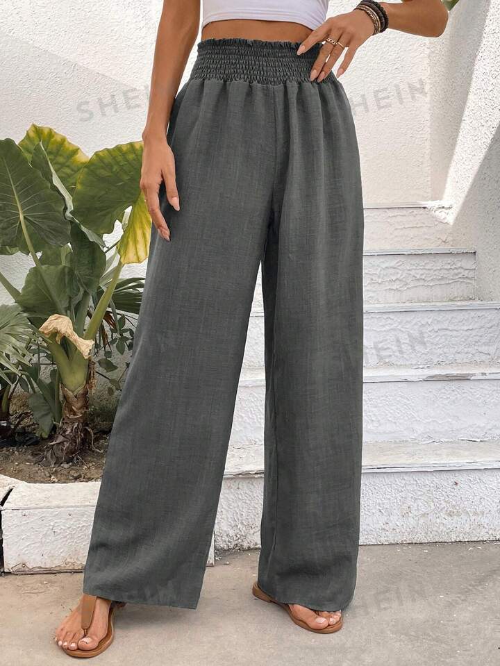 Women Solid Color Wide-Leg High Waist Straight Pants