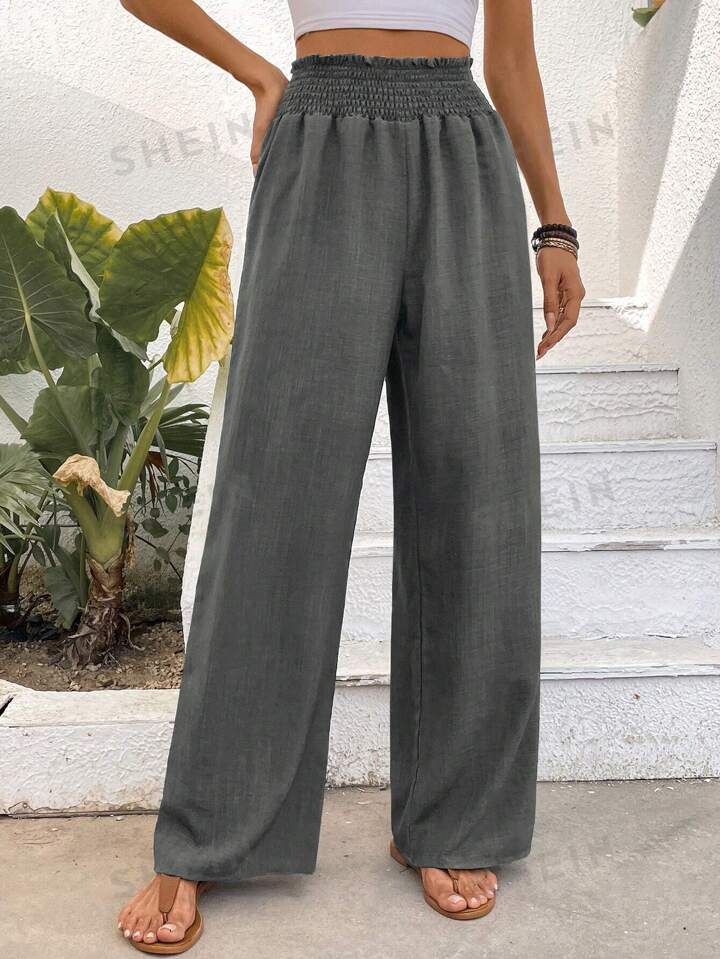 Women Solid Color Wide-Leg High Waist Straight Pants