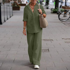 Two Piece Set Lapel Long-Sleeved Shirt Casual Solid Color Wide-Leg Pants Suit