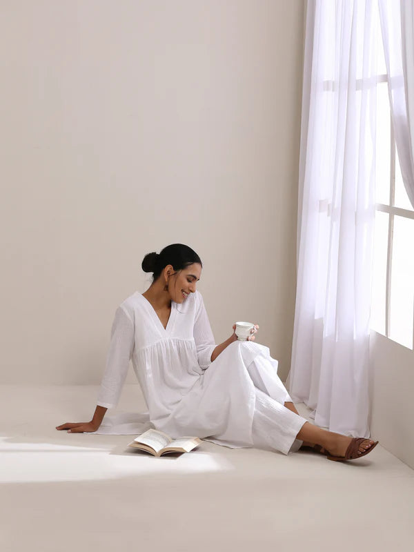 White Cotton Plain Kurta Pant Set