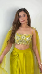 Lime Yellow Georgette Silk Embroidery Crop Top Set With Shrug