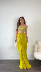 Lime Yellow Georgette Silk Embroidery Crop Top Set With Shrug