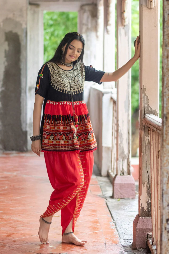 Black embroidered Navratri kedia with red tulip pant Traditional Navratri Wear Navratri Women Wear