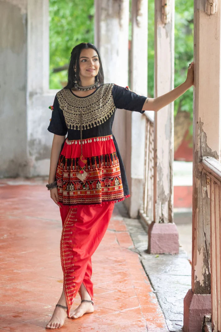 Black embroidered Navratri kedia with red tulip pant Traditional Navratri Wear Navratri Women Wear