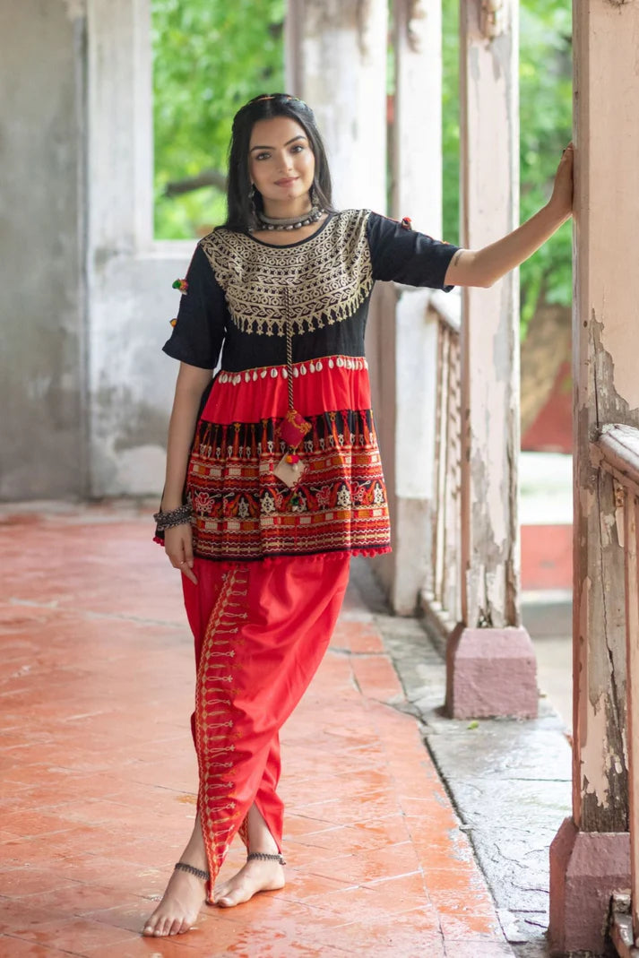 Black embroidered Navratri kedia with red tulip pant Traditional Navratri Wear Navratri Women Wear