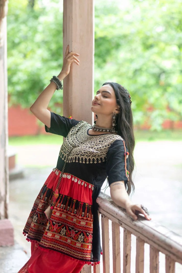 Black embroidered Navratri kedia with red tulip pant Traditional Navratri Wear Navratri Women Wear