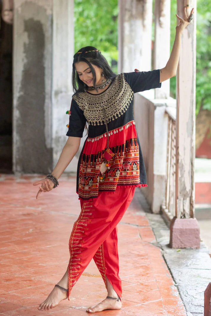Black embroidered Navratri kedia with red tulip pant Traditional Navratri Wear Navratri Women Wear