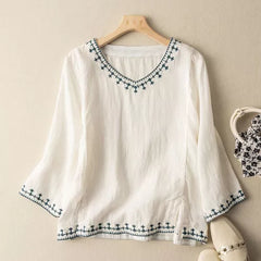 Embroidered V-neck Top, Casual 3/4 Sleeve Blouse For Spring & Summer