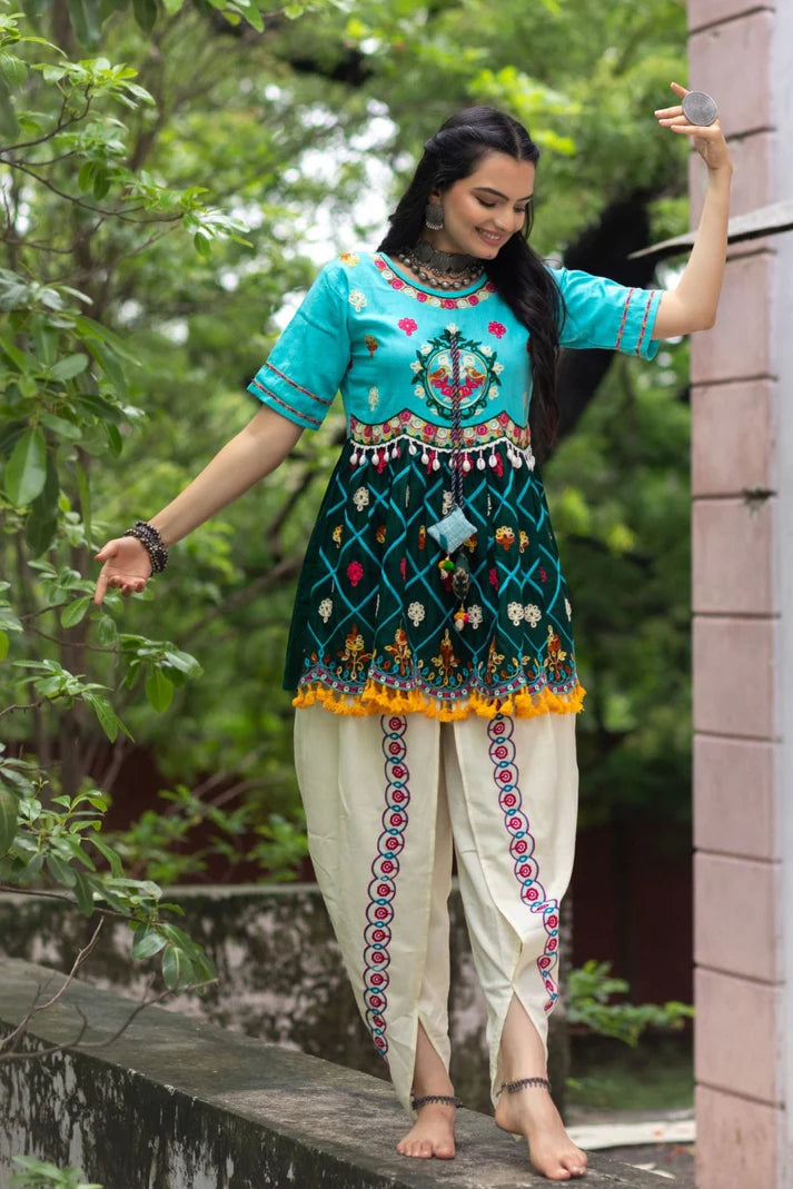 Deep Green & Sky Embroiderd Kedia with off-white Tulip Pants Traditional Indian Dress Women’s Navratri Wear