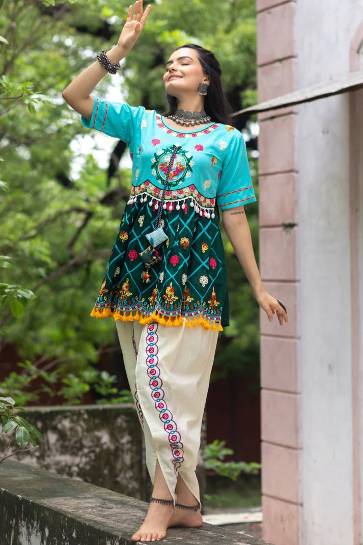 Deep Green & Sky Embroiderd Kedia with off-white Tulip Pants Traditional Indian Dress Women’s Navratri Wear