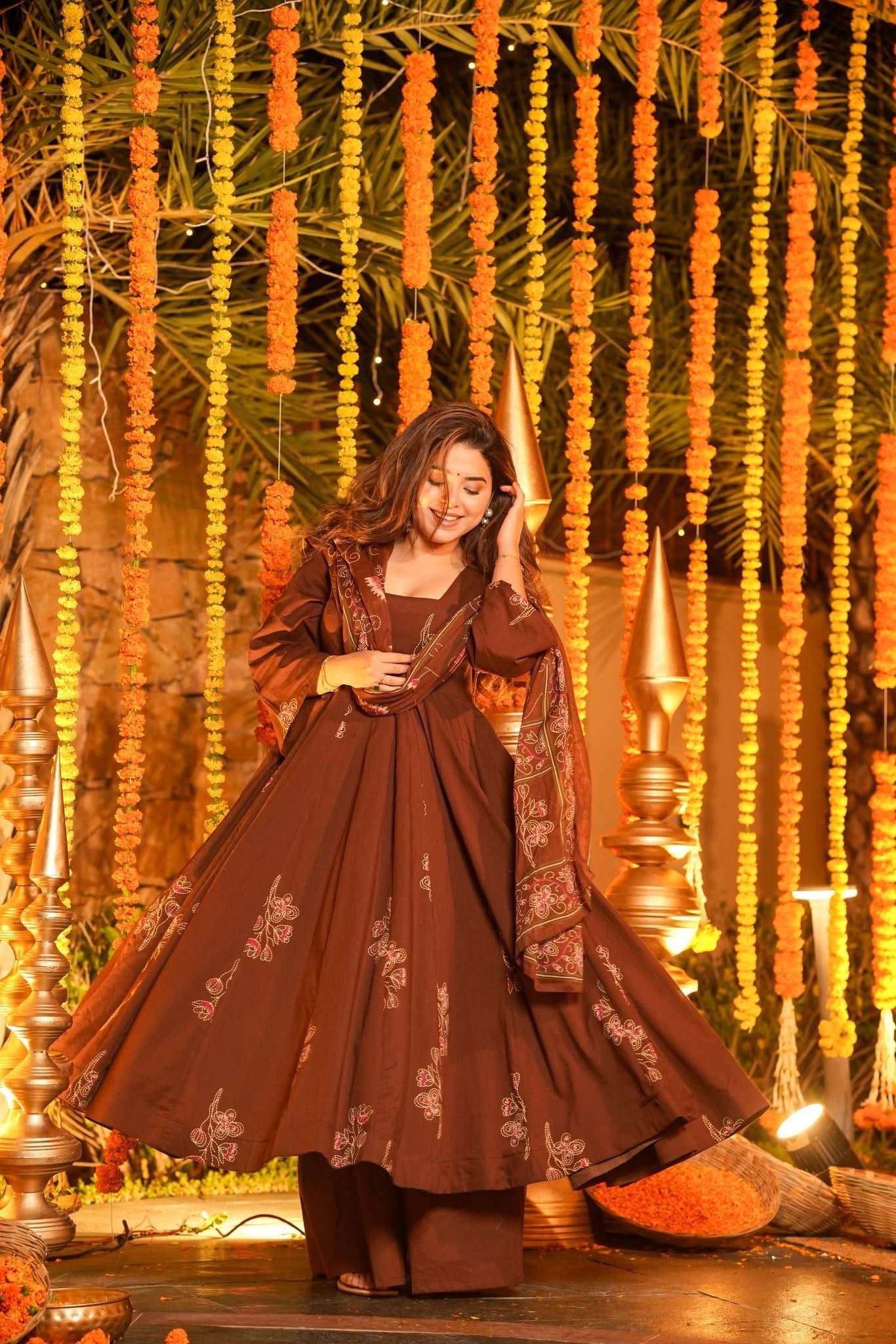 Brown Printed Cotton Suit Set