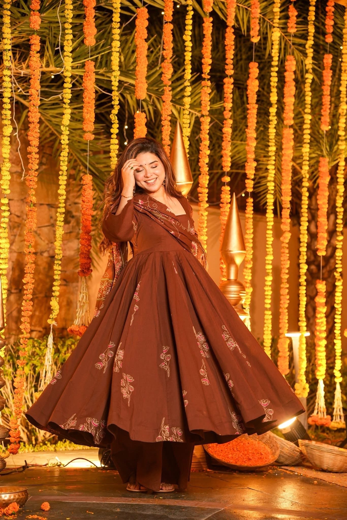 Brown Printed Cotton Suit Set