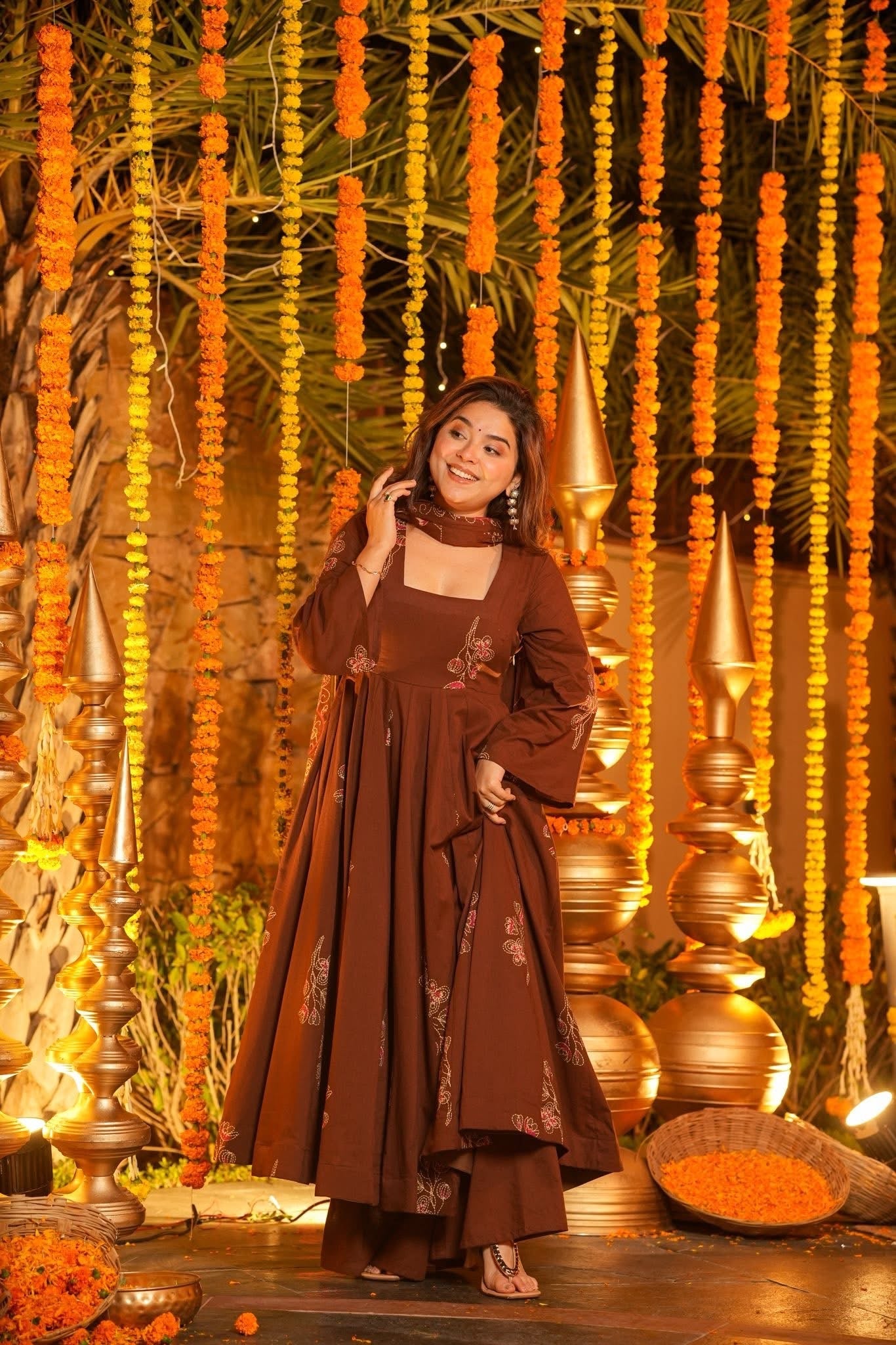 Brown Printed Cotton Suit Set